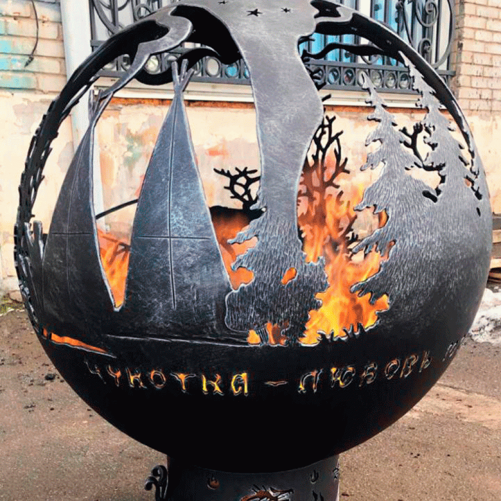 Сфера для костра "Оленья упряжка". Надпись на просвет Сфера для костра "Оленья упряжка". Надпись на просвет